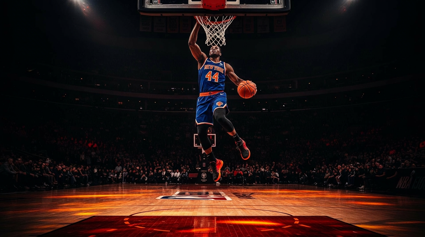 Jogador de basket NBA a fazer um afundanço no estádio
