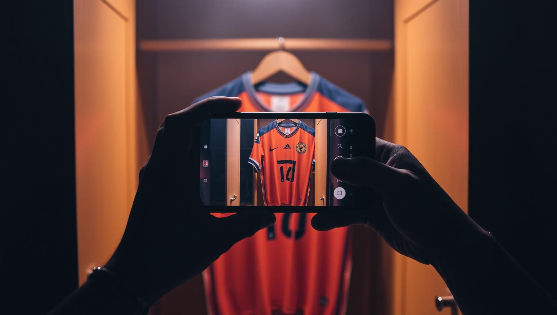 Pessoa a fotografar uma camisola de futebol com o telemóvel